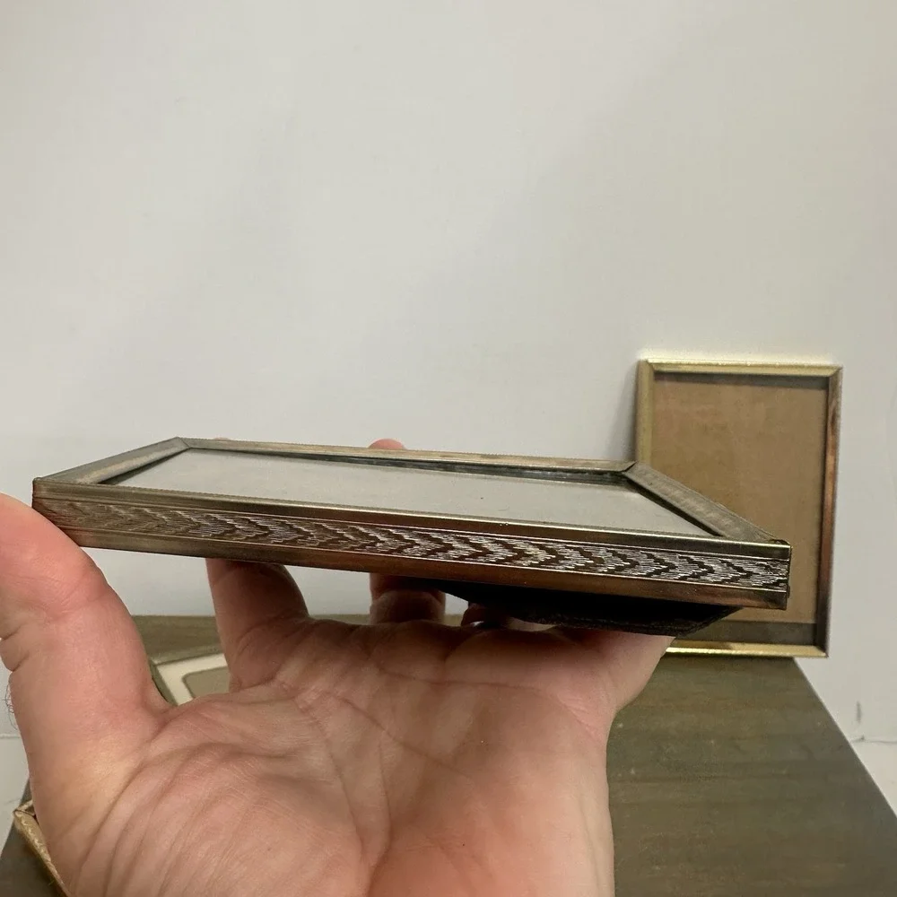 Vintage 4 Gold Tone Brass Art Deco Standing Folding Shelf Picture Frames Mini
